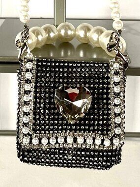Black/Rhinestone Mini-Micro Purse with 21" Pearl Strap + Wrist Strap